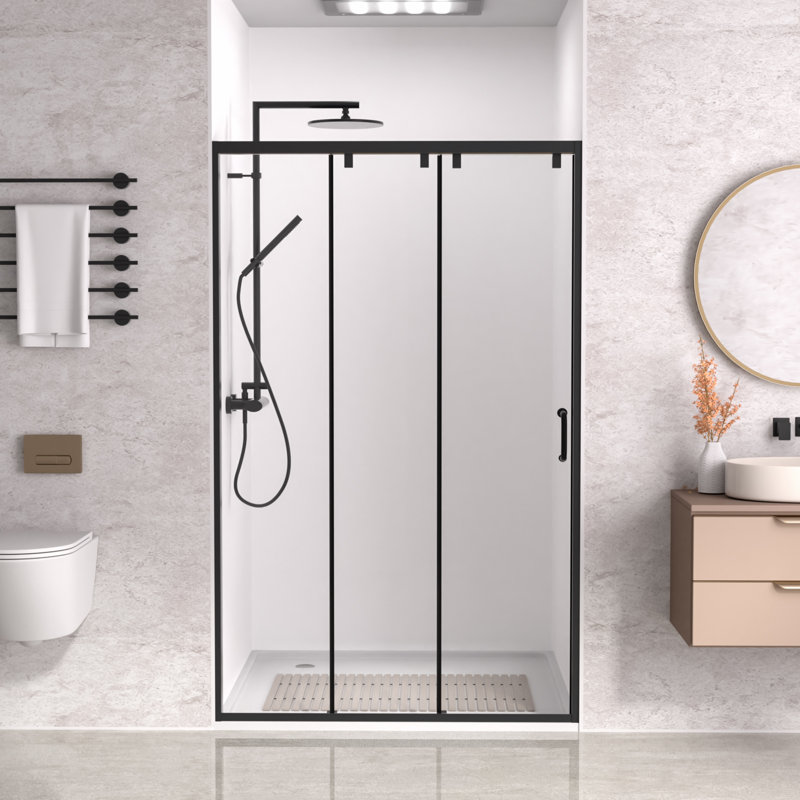 Porte de douche coulissante encadrée l 48 po x H 76 po, verre trempé transparent de 5/16 po (8 mm) avec revêtement facile à nettoyer