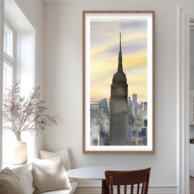 Sunset over New York City - Blue Framed Matted Print Decor