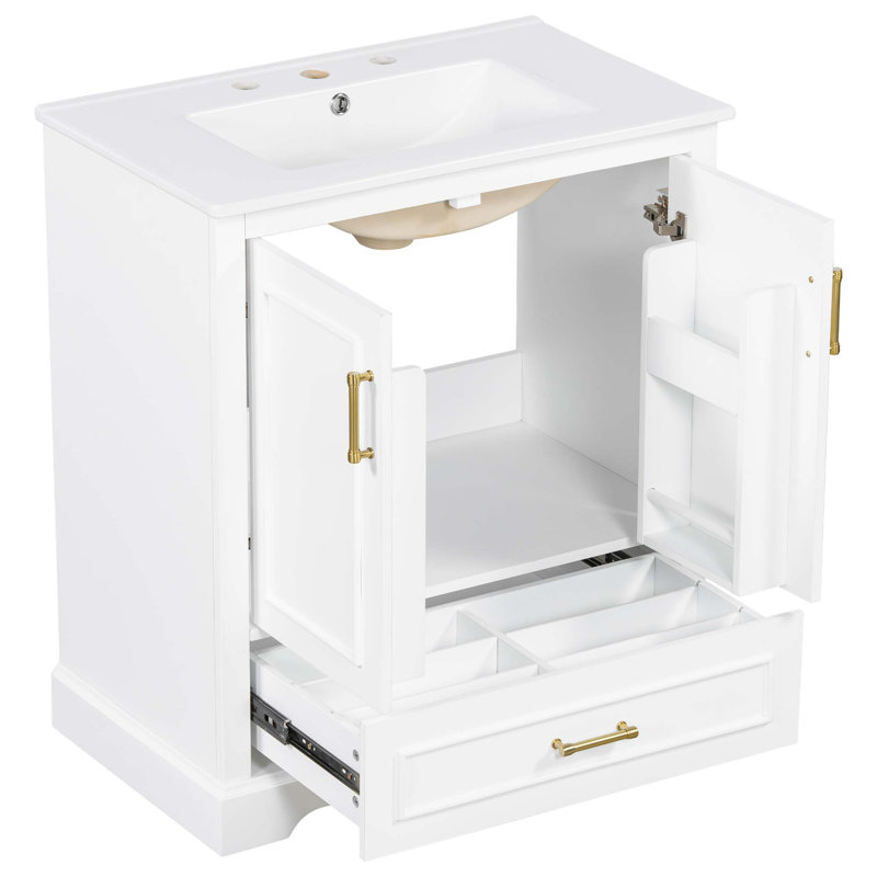 Meuble-lavabo autoportant de 30 po avec lavabo, panneau de fibres à densité moyenne et structure en bois massif, 1 tiroir de séparation et 2 portes à fermeture en douceur (double tablette sur la porte)