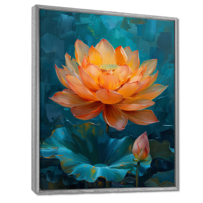 «Vibrant Orange and Blue Lotus Bloom II», impression d'art mural Lotus, Encadrement argenté, H 16 po x l 32 po