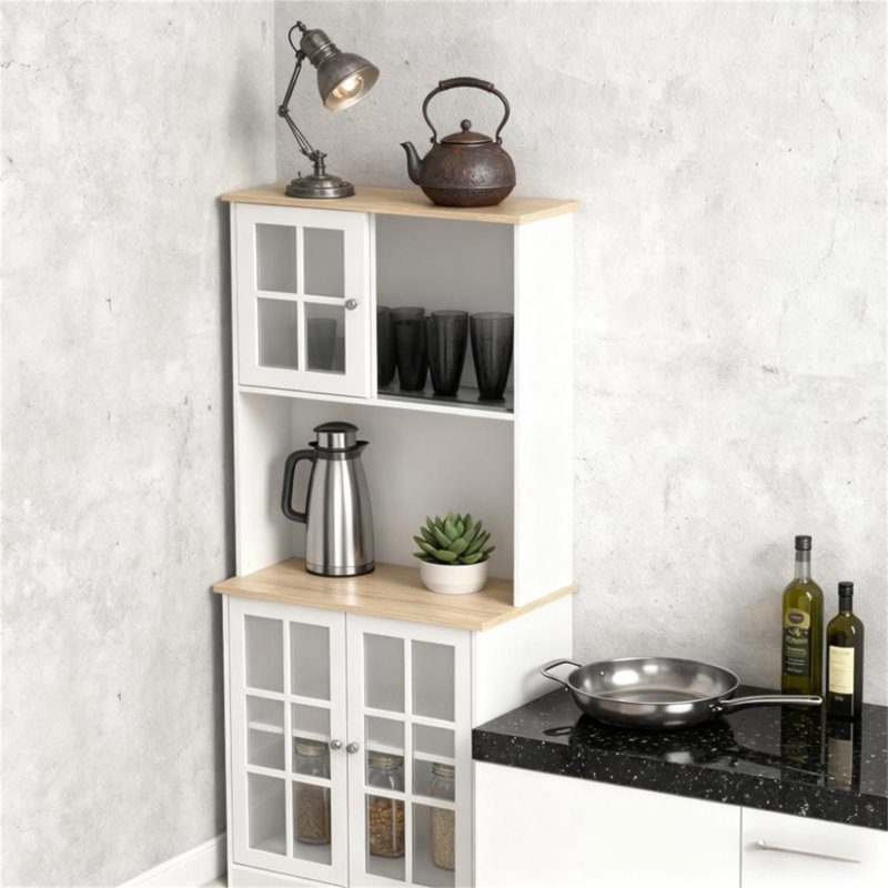 Freestanding Cabinet, Kitchen Pantry Storage Cabinet With Glass Doors And Adjustable Shelves For Dining Room, Oak/White