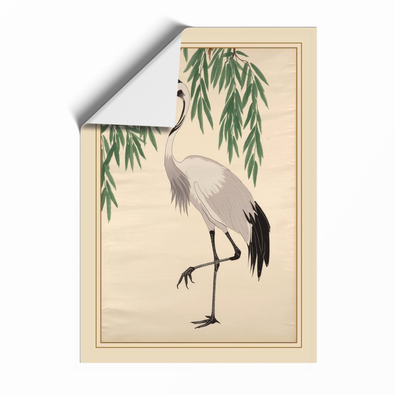 Crane Under Willow Japandi - Framed Print, Unframed, A2 - 59.4 x 42.0 cm