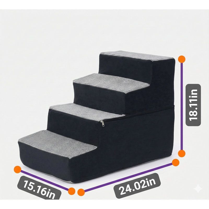 Four-Step High-Density Foam Indoor Pet Stairs for Small to Medium Dogs and Cats, 18 Inches High, Non-Slip Surface for Bed, Couch, or Chair Access (Dimensions: 15" x 24" x 18"), Grey