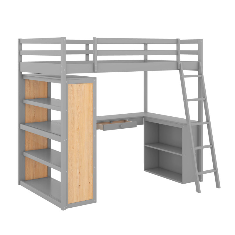 Lit mezzanine avec tablettes et bureau, Gris, Simple