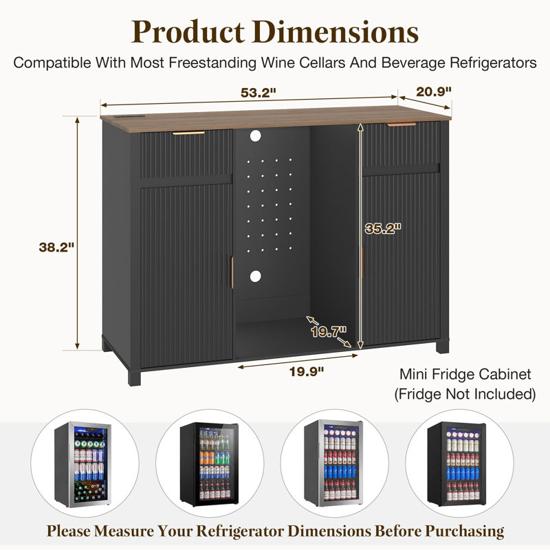 53" Large Coffee Bar Cabinet with Fridge Space, Power Outlet & Drawer Storage, Black