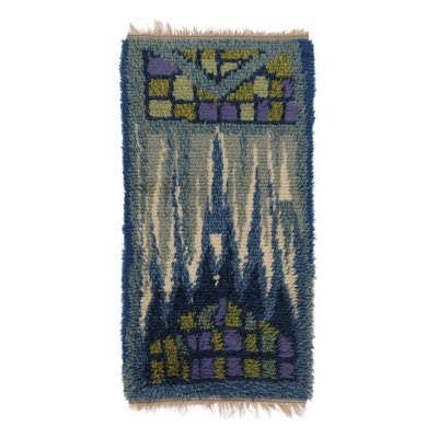 Vintage Swedish Rya Runner, Blue With Scandinavian Abstract Forms - Rug & Kilim