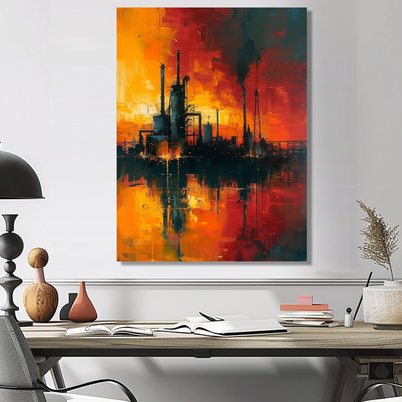 «Red Industrial Factory Polution II», impression d'art mural, Métal métal, H 32 po x l 16 po x P 1 po