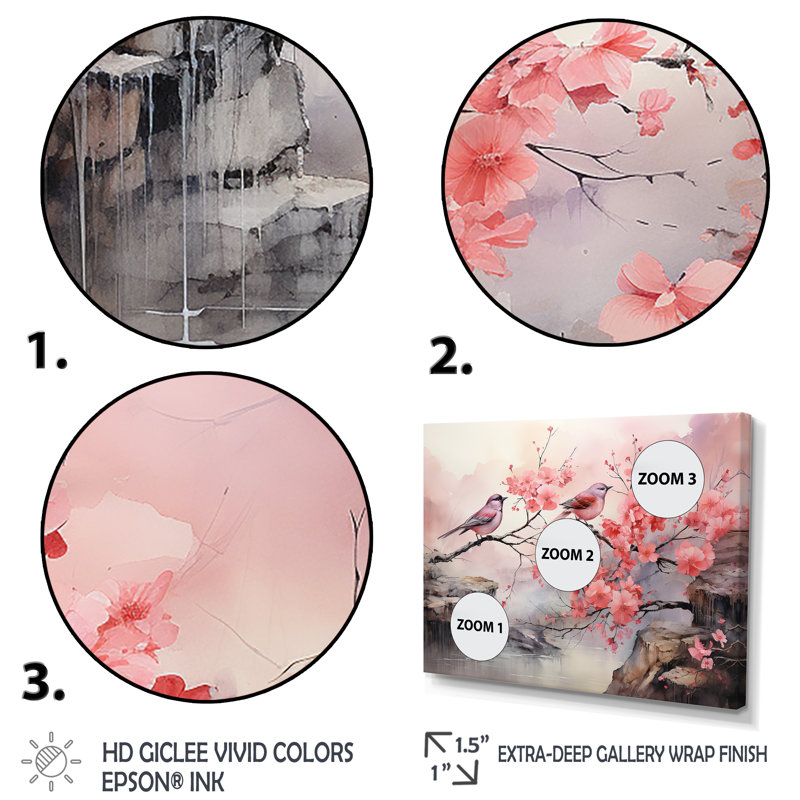 Sakura oiseaux roses sur arbre en fleurs roses - Art mural oiseau, Cadre flottant doré, H 24 po x l 32 po x P 1 po