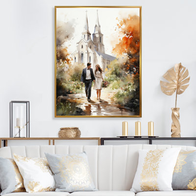 Couple in Love, chapelle de mariage, aquarelle rustique - reproduction sur toile