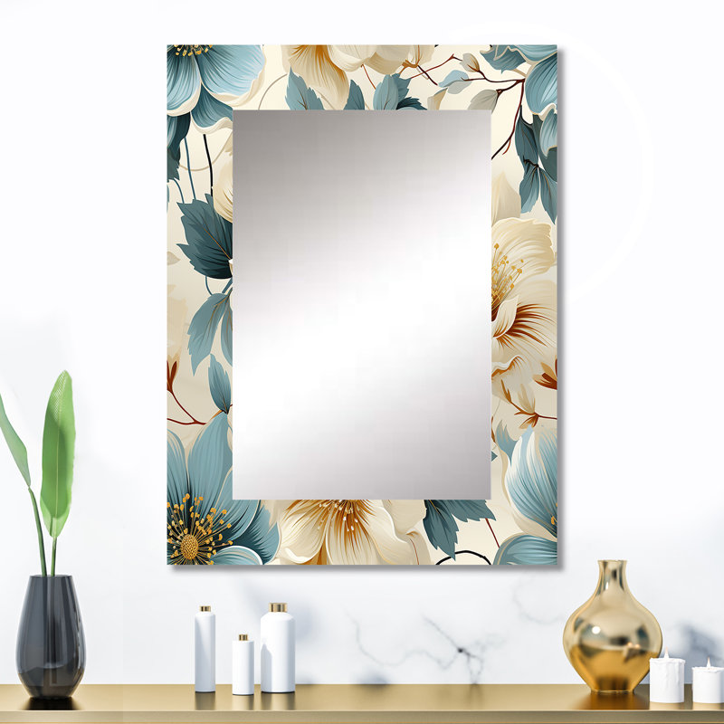 Orangis sablonneux beige et bleu Hortensia tranquillité - miroir décoratif floral, grand miroir mural floral, impression d'art en métal