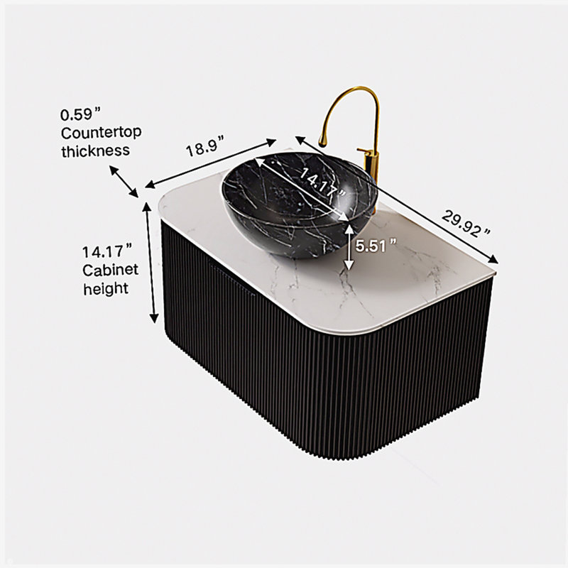 Dina 30" Bathroom Vanity with Sink, Wall-Mounted Floating Curved Edges Striped Bathroom Storage Cabinet with Drawer, Black Bowl Ceramic Basin with Stone Pattern, Pre-assembled, Black Color