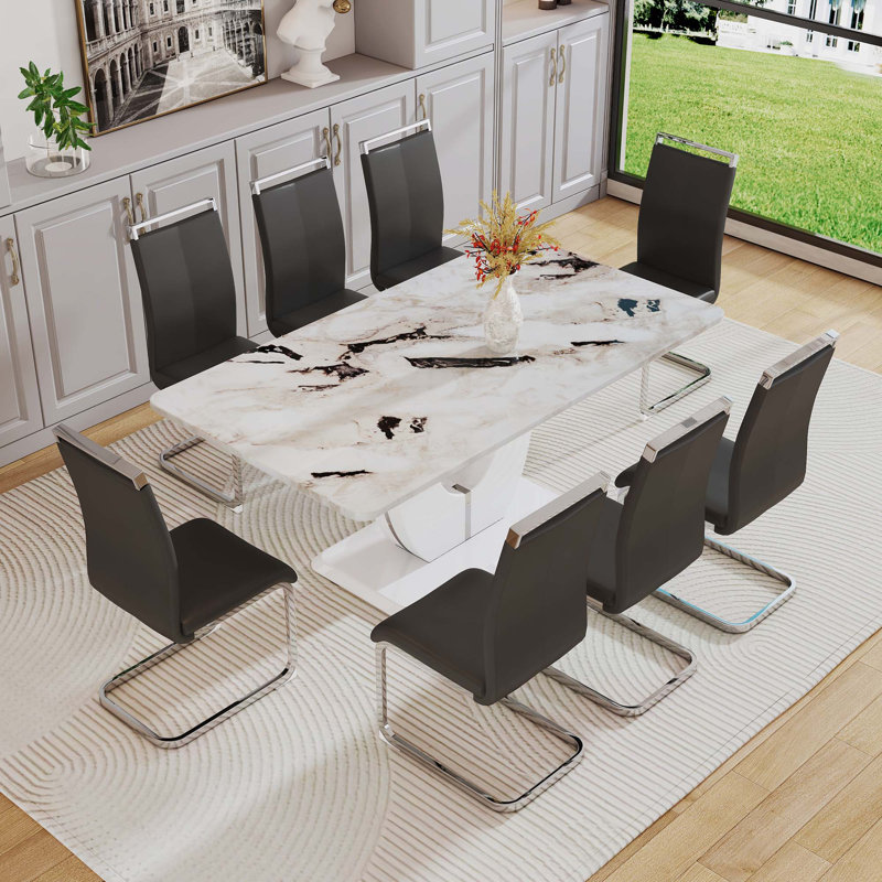 Aycan Glass Top Pedestal Dining Set, Gold, 9