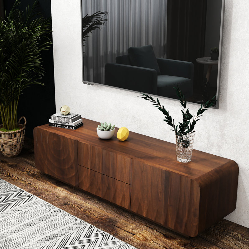 Console de 58 pouces avec design Mid-Century, couleur noyer en spirale unique, tiroirs de rangement et compartiments internes, motif brun arrondi à coins arrondis, larges bords, attrait visuel flottant,