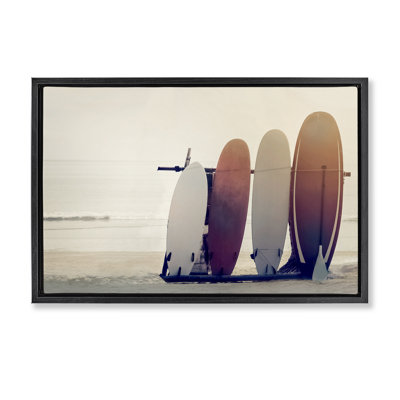 Beach Surfboards Leaning Framed Floater Canvas by Mike Calascibetta
