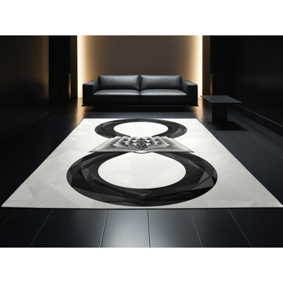 Machine Washable Ovetta Infinity Loop With Book Modern & Contemporary Geometric Rug in White – Black Binding