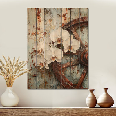 Orchidées par la roue du chariot I - Art mural en bois orchidée - sur bois de pin naturel