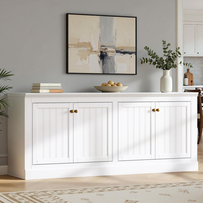 72" W Large Farmhouse Sideboard Buffet Cabinet With Barn Doors and Adjustable Shelves, White
