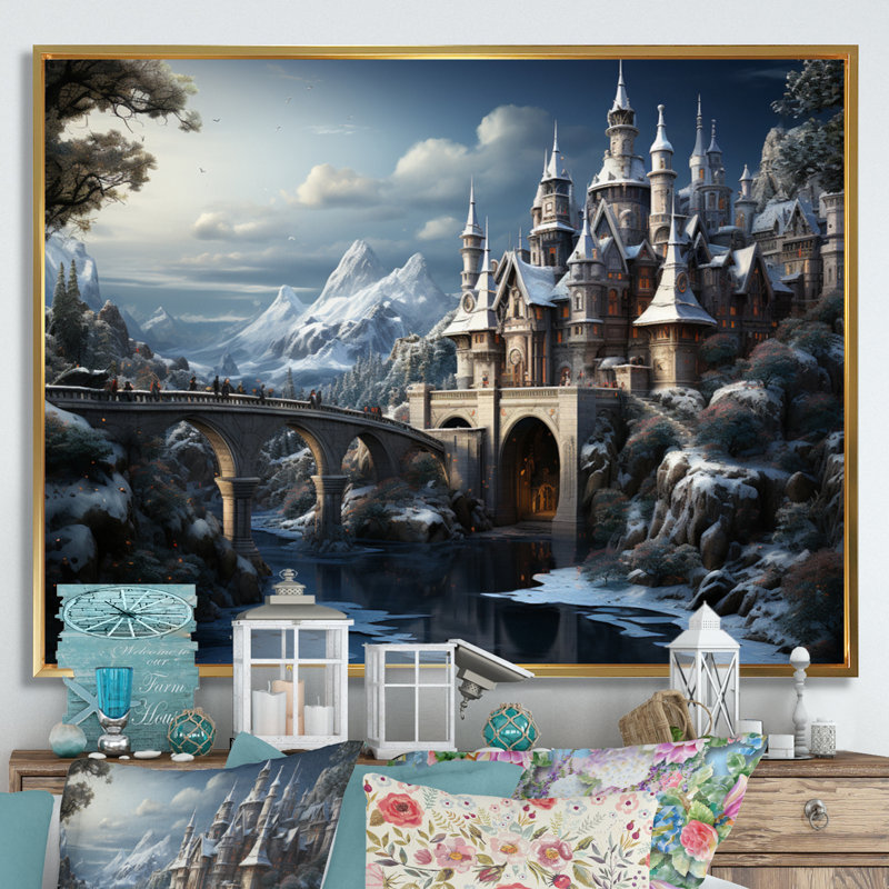 Winter Castle, reproduction d'art sur toile, Cadre flottant doré, H 24 po x l 32 po x P 1 po