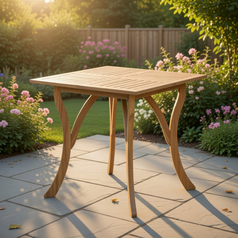 Olen Outdoor Dining Table, Slatted Square 32 Inch, Brown Acacia Wood, Teak Brown