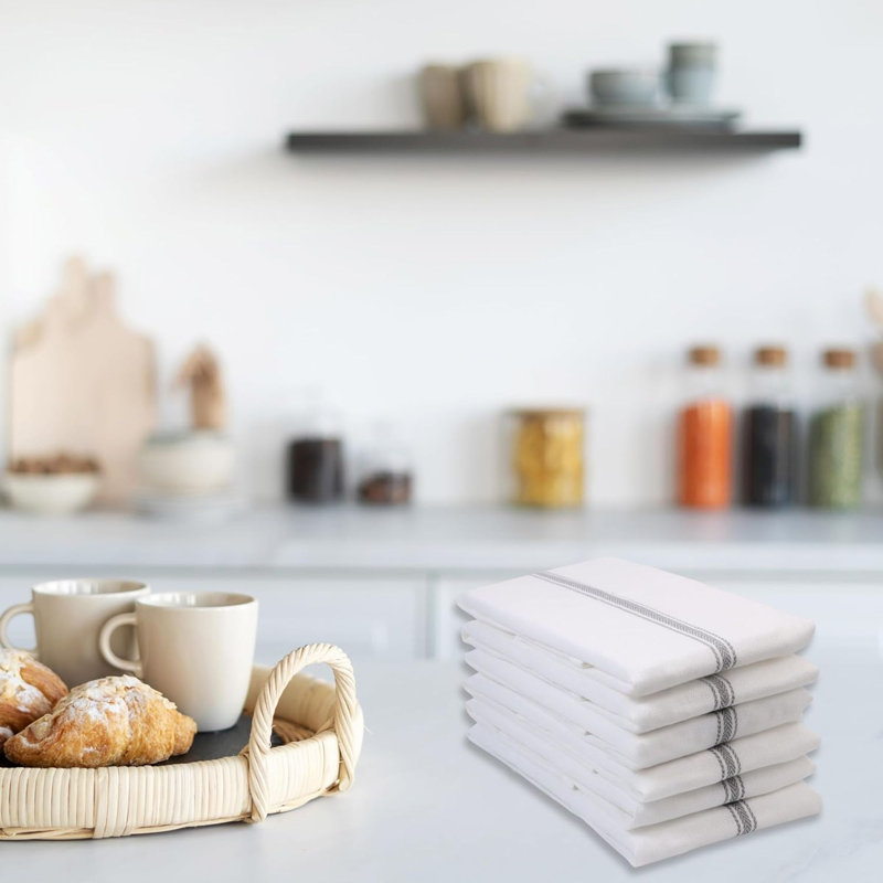 Ensemble de 6 serviettes de cuisine - 100% coton, lavettes réutilisables, torchons absorbants, essuie-mains durables, 14 po x 25 po - Rayures grises