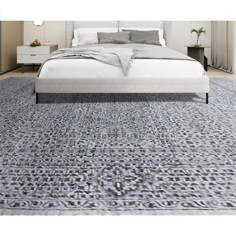 Tapis gris et argent noué à la main de haute qualité, Rectangle 9 pi x 12 pi