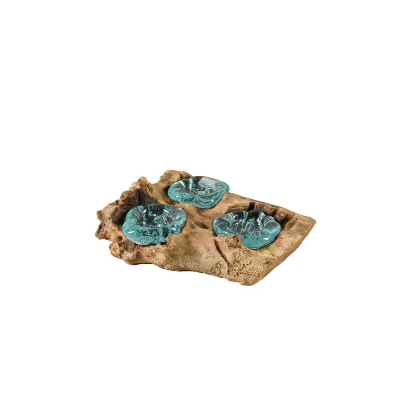 Porte-bougie en verre et teck Loon Peak® - Bougeoir en verre bleu sur souche de teck naturel