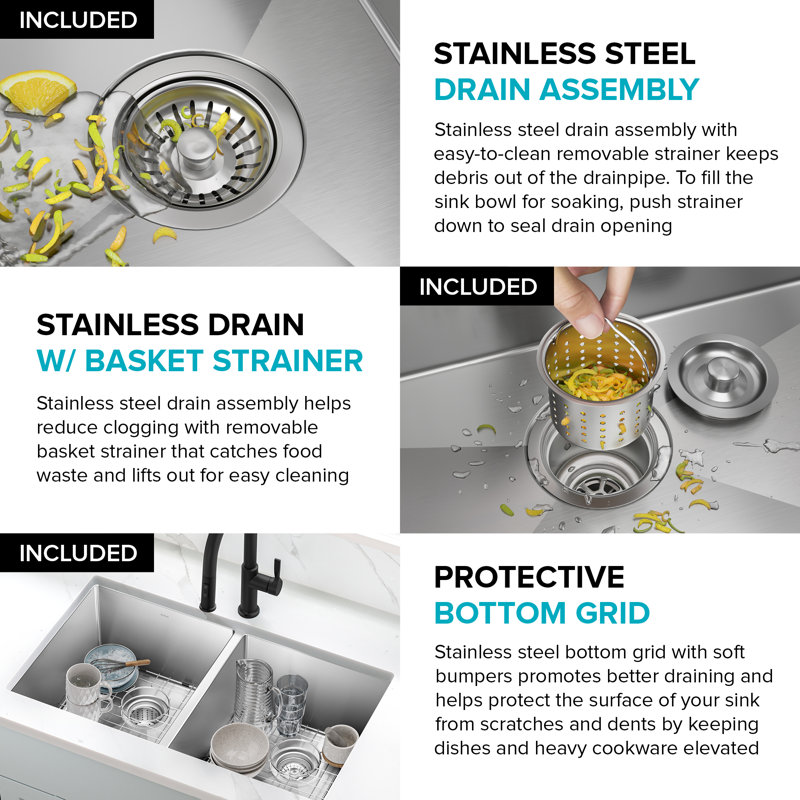 KRAUS Standart Pro Undermount 16 Gauge Stainless Steel Bar Kitchen Sink, 10"H x 19"W x 32.75"L, Double Equal Bowl