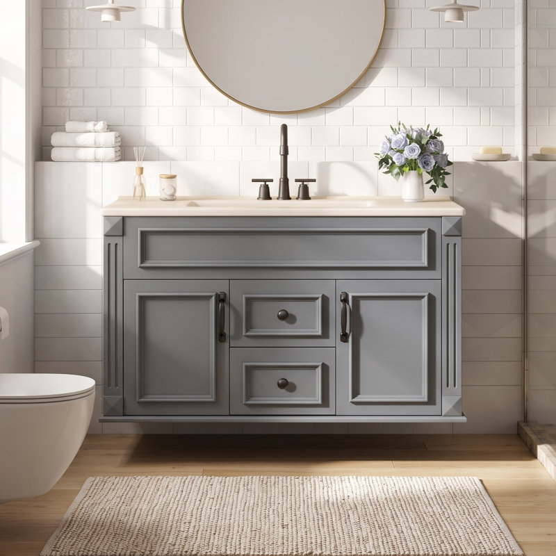 Armoire de salle de bain murale avec lavabo en céramique et style simple français, Gris