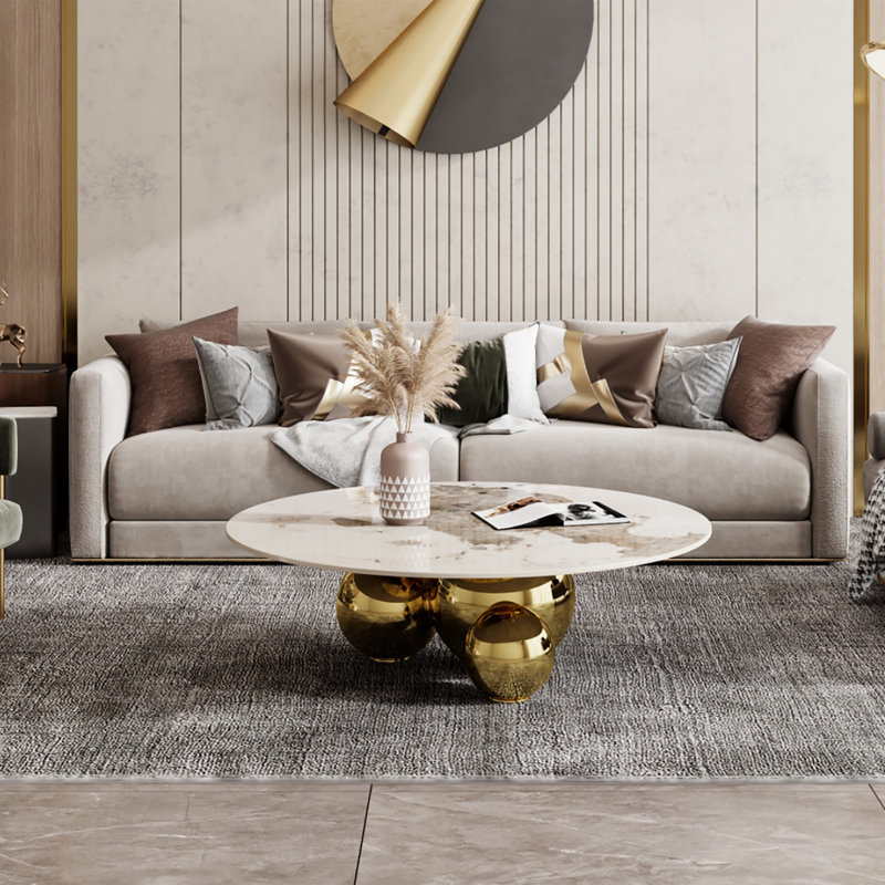 39.4" Modern Round Coffee Table with Glossy Sintered Stone Table-top, Livingroom Table with Stainless Steel Ball Legs