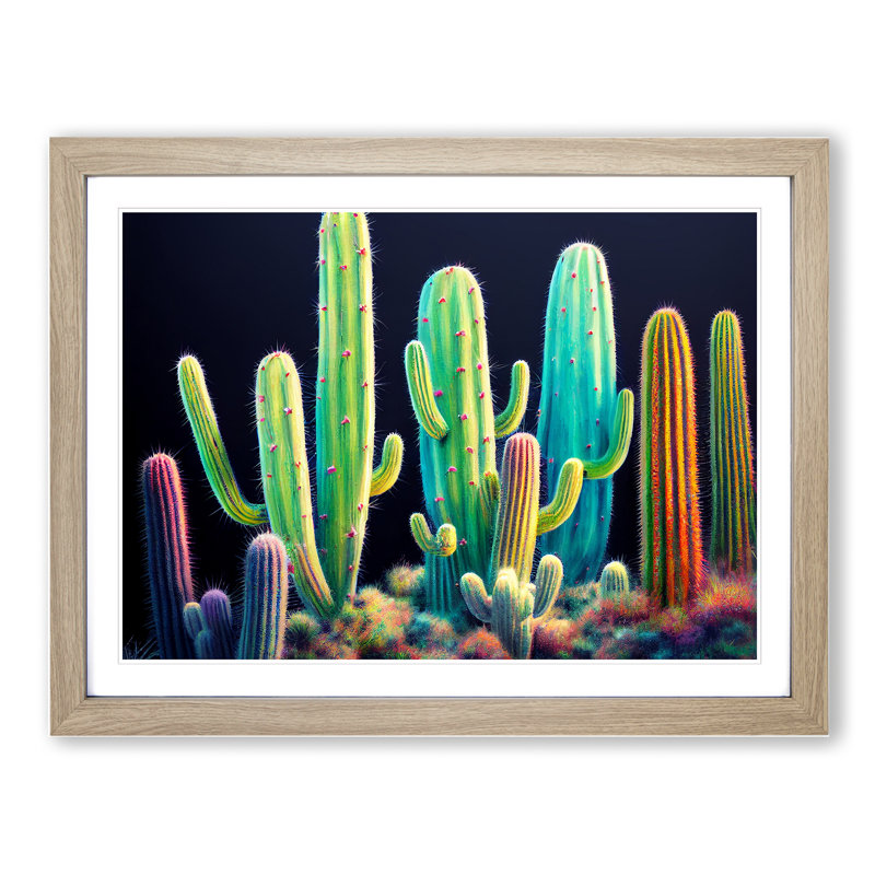 Colourful Cactus - Single Picture Frame Print, 46cm H x 64cm W x 2cm D, Oak