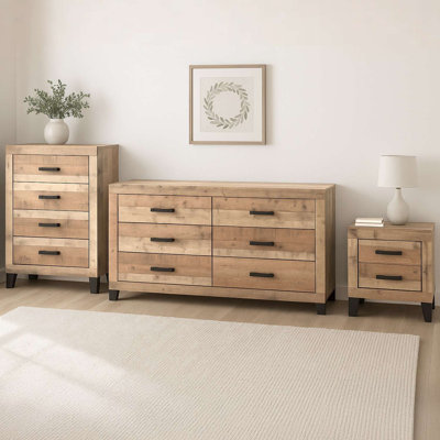 Ensemble de chambre à coucher transitionnelle 3 pièces avec commode, commode et table de chevet en bois naturel antique