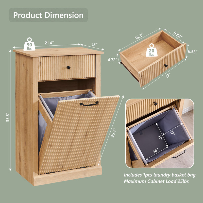 Armoire à paniers à linge avec tiroirs, panier à linge cannelé pour salle de bain Modern, Naturel, Une seule porte