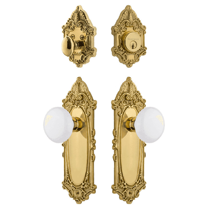 Nostalgic Warehouse Victorian Entry Set with White Porcelain Knob, Polished Brass