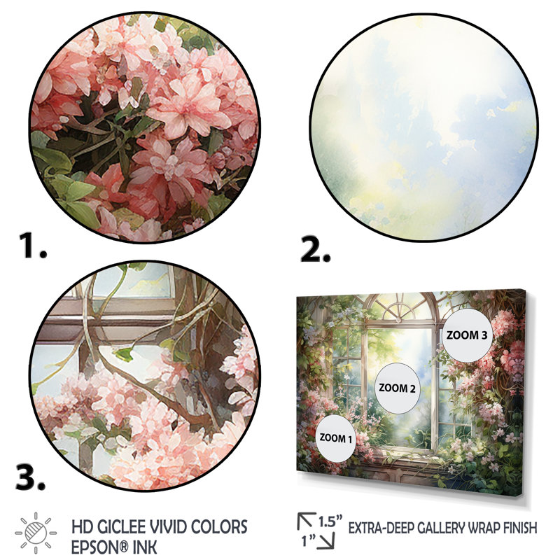 «Pink Blossoming Country Window Gaze II», reproduction d'art sur toile encadrée, Cadre flottant brun