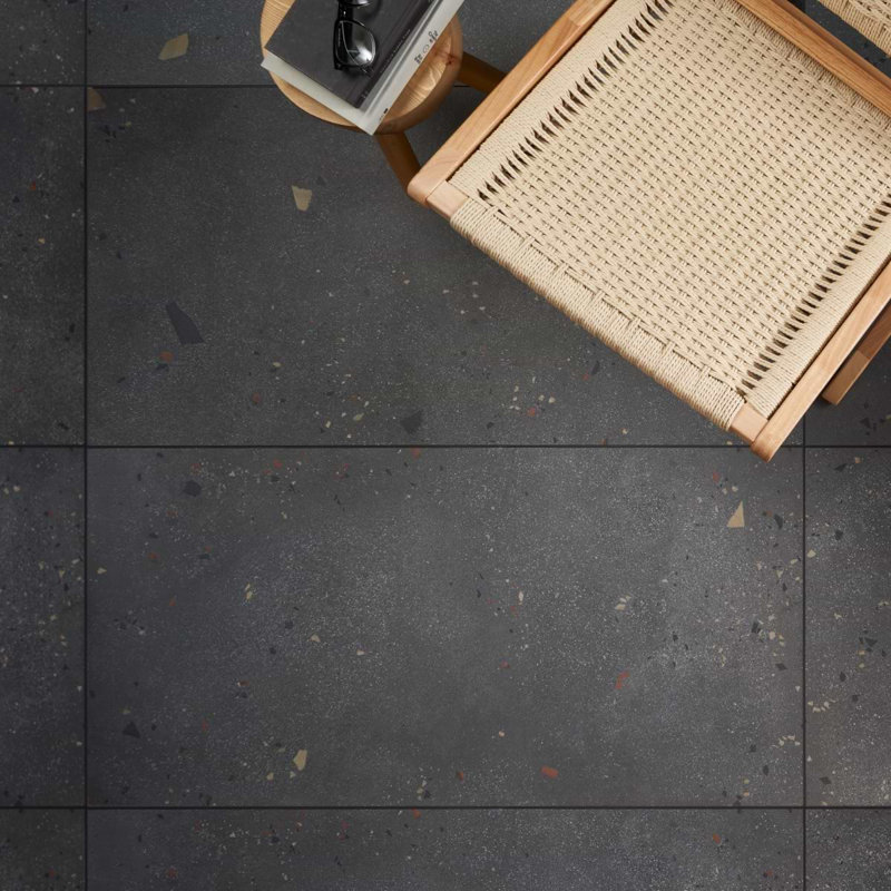Kobe 24x48 Matte Terrazzo Look Porcelain Tile, Charcoal Gray