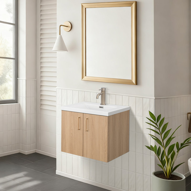 24 Inch Golden Oak Floating Bathroom Vanity With Integrated Sink - Pre-assembled, 24"