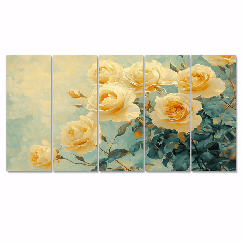 Sunlit Roses of Summer Bloom II - Roses, art mural - art mural moderne, ensemble d'art mural, H 28 po x l 60 po, 5