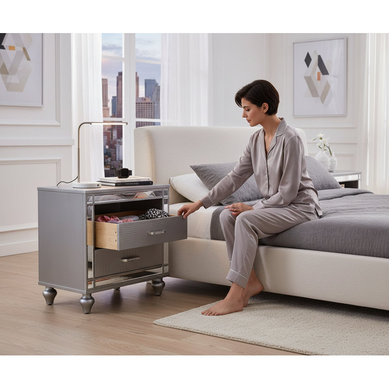 Table de chevet luxueuse avec miroir argenté | Table de chevet à 2 tiroirs avec texture crocodile et accents de cristal | Cadeau