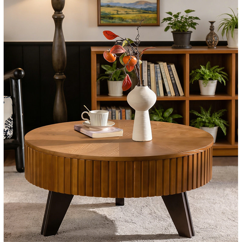 Table basse ronde avec espace de rangement, Naturel, 31.5