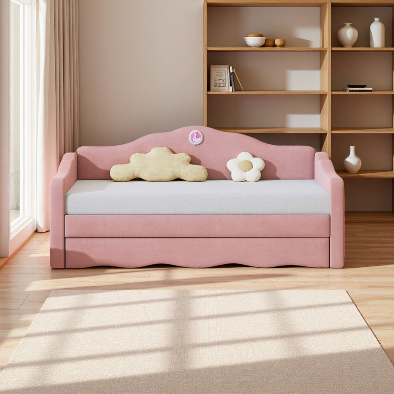 Lit de jour simple rembourré avec couchette en forme de vague, Rose