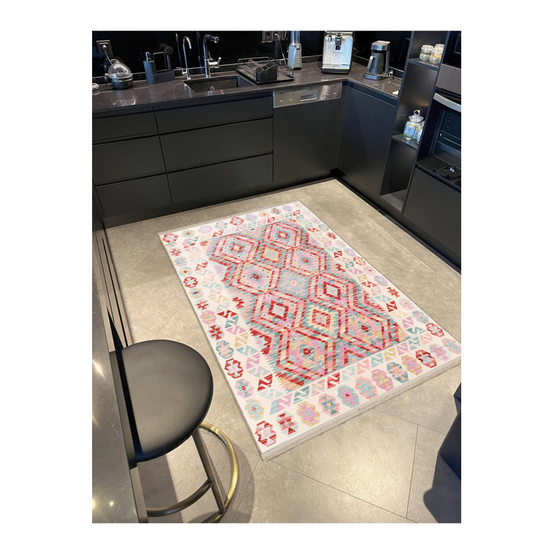 Tapis multicolore bleu et rose lavable à la machine, Tapis de couloir 3 pi 3 po x 6 pi 7 po inclus