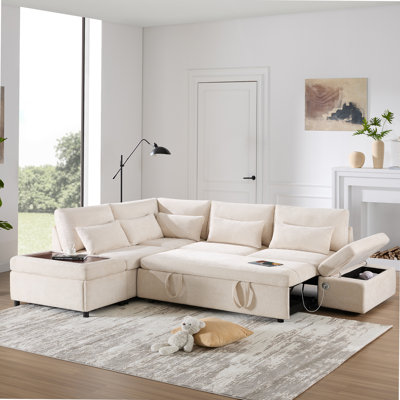 Canapé-lit modulaire de 107 po avec canapé-lit, accoudoirs réglables en forme de L, charge USB et de type C, repose-pieds avec rangement à mouvement libre, combinaison libre pour le salon et l’appartement, chenille