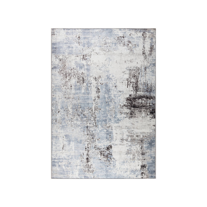 Abstract Machine Washable Area Rug Woven in Blue/Black/White, Rectangle 7'10" x 10'