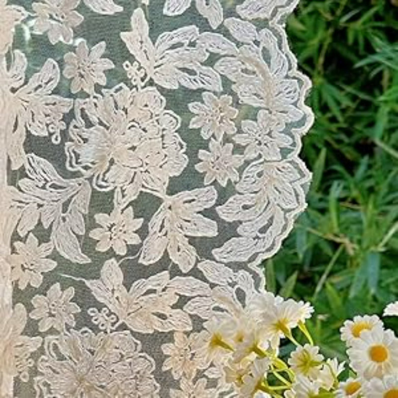 2 Panels French Curtains Lace Gauze for Living Room Cream Retro Wavy Edge Bedroom Bay Window Embroidery Curtain Door White Tulle Rod Pocket