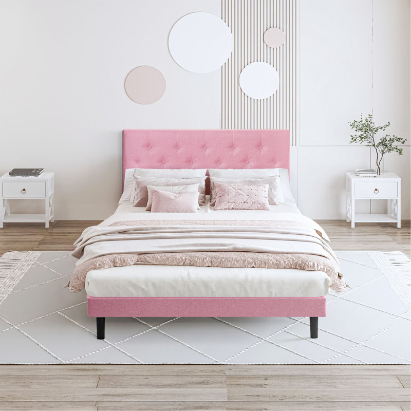 Structure de lit plateforme tapissier avec tête de lit en lin capitonné moderne, Lit double, Rose