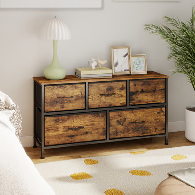Commode pour chambre à coucher, commode, meuble télé, acier, panneau de fibres à densité moyenne, 5 tiroirs en tissu non tissé, unité de rangement, garde-robe, vestibule