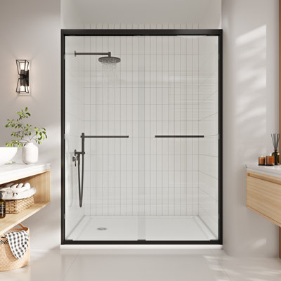 Frameless Sliding Glass Shower Door 60" W × 72" H, 6mm Clear Tempered Glass, Noiseless Frameless Shower Door with Stainless Steel Handle & Seal Strip, Waterproof & Easy Install, Black