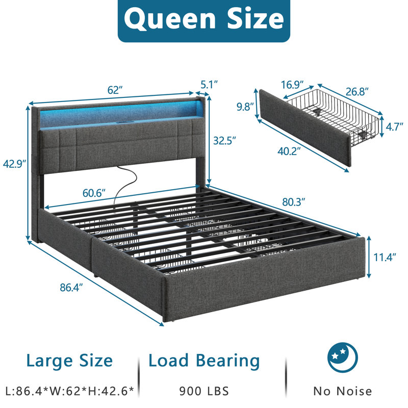 Queen Bed Frame with 4 Underbed Drawers and Open Storage Headboard, Upholstered Platform Bed with Adjustable LED Light and Charging Station, No Box Spring Needed,Dark Gray