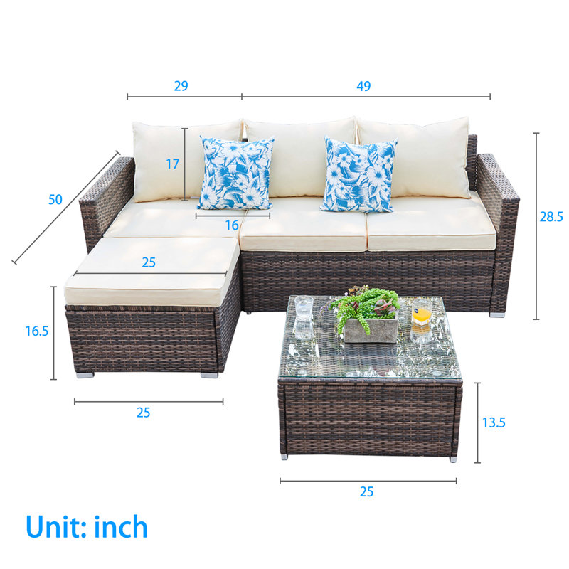 Southerland 3-Piece Wicker Patio Conversation Set Modular Sectional Set with Cushions, Brown/Beige