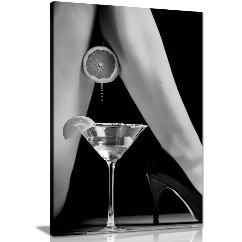 Panther Print Fine Art Prints Black & White Woman High Heels & Cocktail Artistic Framed Canvas Prints, Pictures For Home Walls, Bedroom, Living Room & Bathroom Decor - Wrapped Canvas Art Prints